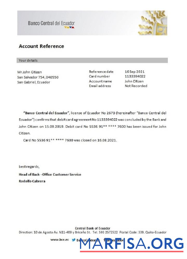 Blank Ecuador Central Bank of Ecuador closure reference template